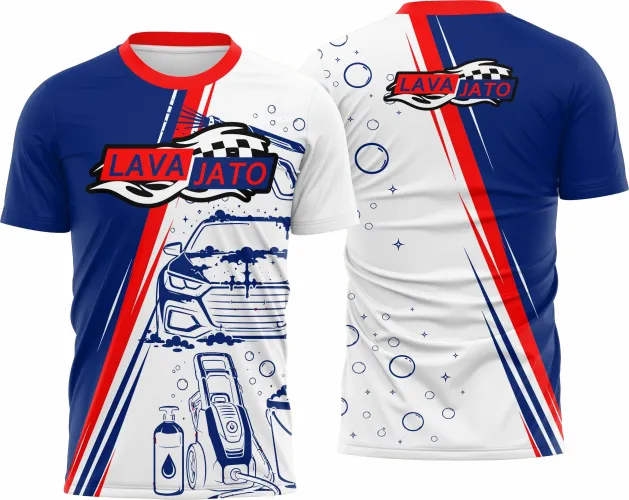 Camisa com logo no peito e estampa grande nas costas, exibindo design exclusivo inspirado na temática lava jato, ideal para quem quer estilo marcante e visual moderno em qualquer ocasião.