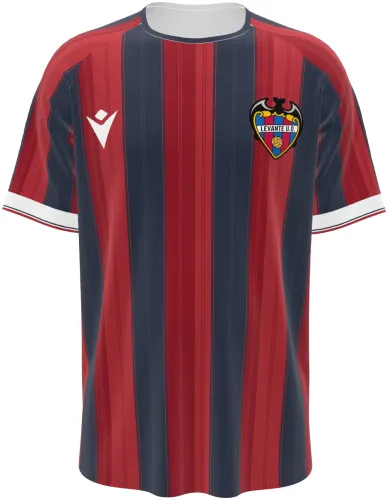 Camisa titular do Levante UD 2026 - 2027 listrada de grená e azul-marinho, frente e costas