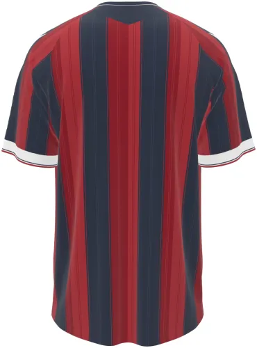 Camisa titular do Levante UD 2026 - 2027 listrada de grená e azul-marinho, frente e costas