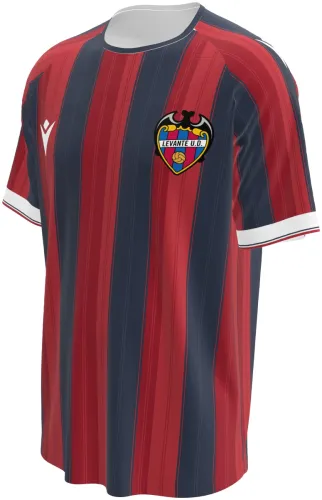 Camisa titular do Levante UD 2026 - 2027 listrada de grená e azul-marinho, frente e costas
