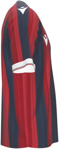 Camisa titular do Levante UD 2026 - 2027 listrada de grená e azul-marinho, frente e costas