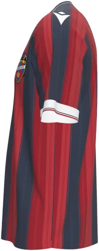 Camisa titular do Levante UD 2026 - 2027 listrada de grená e azul-marinho, frente e costas