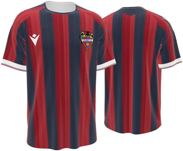 Camisa titular do Levante UD 2026 - 2027 listrada de grená e azul-marinho, frente e costas