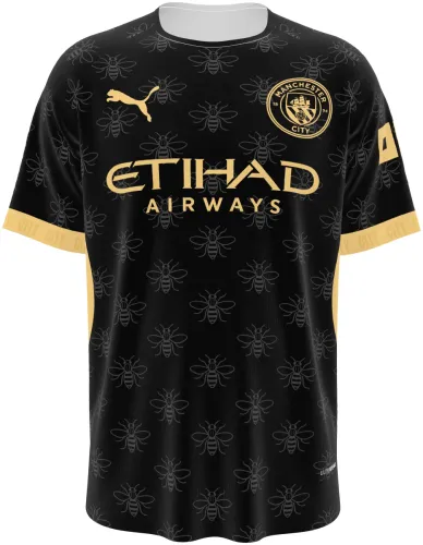 Camisa visitante do Manchester City 2026 - 2027 preta com abelhas tom sobre tom, frente e costas