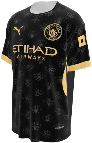 Camisa visitante do Manchester City 2026 - 2027 preta com abelhas tom sobre tom, frente e costas