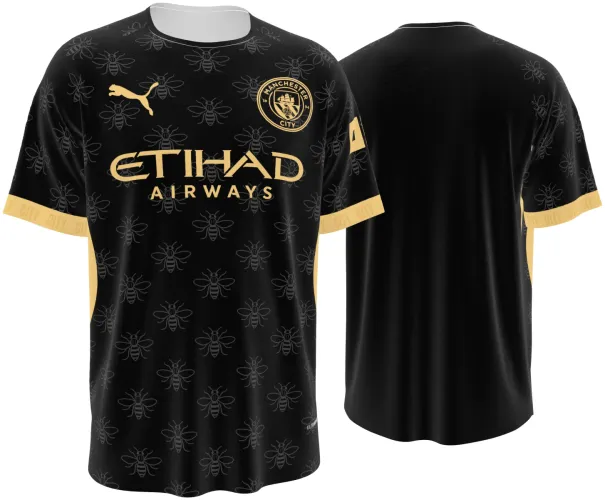Camisa visitante do Manchester City 2026 - 2027 preta com abelhas tom sobre tom, frente e costas