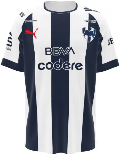 Camisa titular do Monterrey 2026 - 2027 listrada de azul-marinho e branco, frente e costas