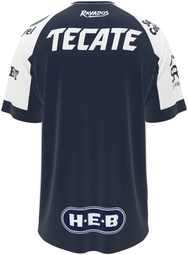 Camisa titular do Monterrey 2026 - 2027 listrada de azul-marinho e branco, frente e costas