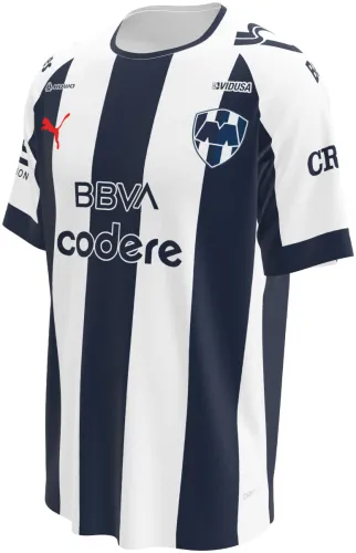 Camisa titular do Monterrey 2026 - 2027 listrada de azul-marinho e branco, frente e costas