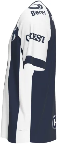 Camisa titular do Monterrey 2026 - 2027 listrada de azul-marinho e branco, frente e costas