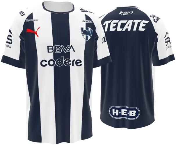 Camisa titular do Monterrey 2026 - 2027 listrada de azul-marinho e branco, frente e costas