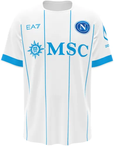 Camisa visitante do Napoli 2026 - 2027 branca com filetes azuis, frente e costas