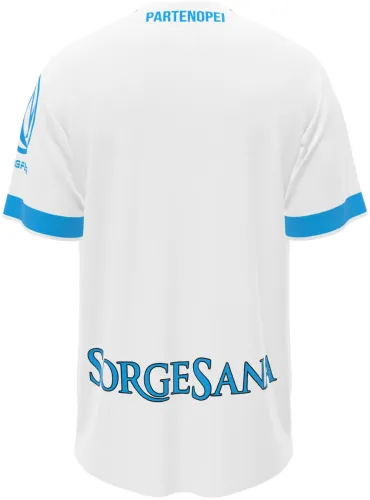 Camisa visitante do Napoli 2026 - 2027 branca com filetes azuis, frente e costas