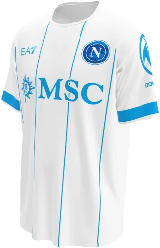 Camisa visitante do Napoli 2026 - 2027 branca com filetes azuis, frente e costas