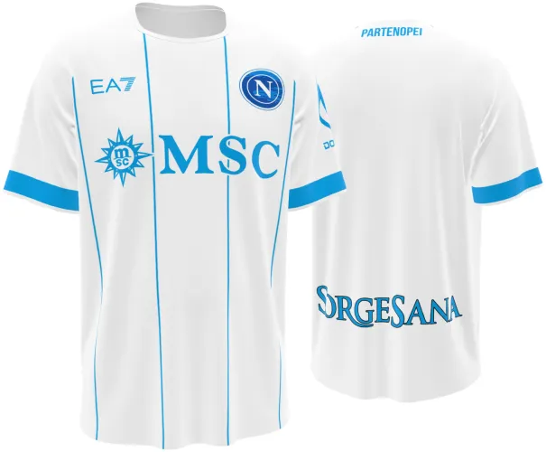 Camisa visitante do Napoli 2026 - 2027 branca com filetes azuis, frente e costas
