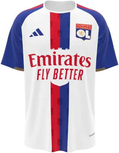 Camisa titular do Olympique de Lyon 2026 - 2027 branca com faixa central vermelha e azul, frente e costas
