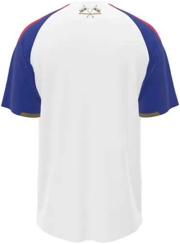 Camisa titular do Olympique de Lyon 2026 - 2027 branca com faixa central vermelha e azul, frente e costas