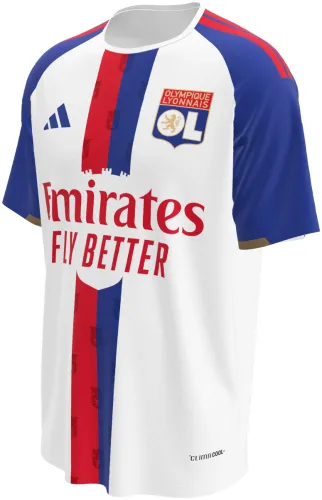 Camisa titular do Olympique de Lyon 2026 - 2027 branca com faixa central vermelha e azul, frente e costas