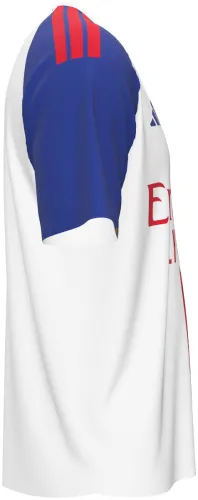 Camisa titular do Olympique de Lyon 2026 - 2027 branca com faixa central vermelha e azul, frente e costas