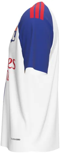 Camisa titular do Olympique de Lyon 2026 - 2027 branca com faixa central vermelha e azul, frente e costas