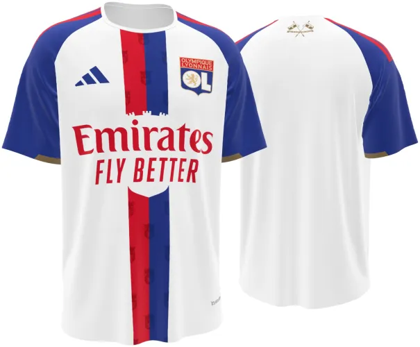 Camisa titular do Olympique de Lyon 2026 - 2027 branca com faixa central vermelha e azul, frente e costas