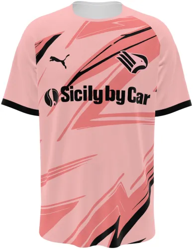 Camisa titular do Palermo 2026 - 2027 rosa com riscos diagonais escuros, frente e costas