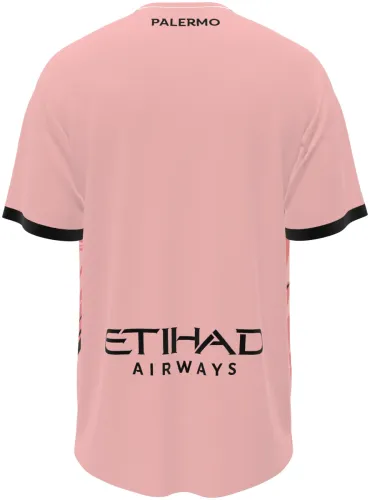 Camisa titular do Palermo 2026 - 2027 rosa com riscos diagonais escuros, frente e costas