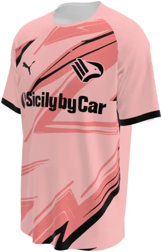 Camisa titular do Palermo 2026 - 2027 rosa com riscos diagonais escuros, frente e costas