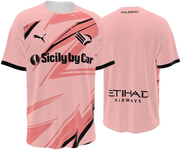 Camisa titular do Palermo 2026 - 2027 rosa com riscos diagonais escuros, frente e costas
