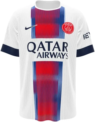 Camisa visitante do Paris Saint-Germain 2026 - 2027 branca com faixa central listrada, frente e costas