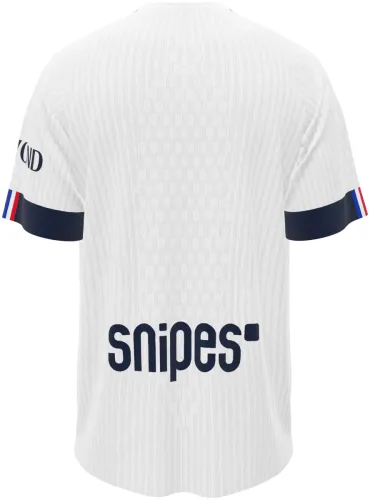 Camisa visitante do Paris Saint-Germain 2026 - 2027 branca com faixa central listrada, frente e costas