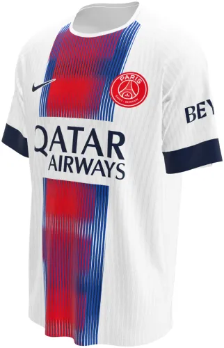 Camisa visitante do Paris Saint-Germain 2026 - 2027 branca com faixa central listrada, frente e costas