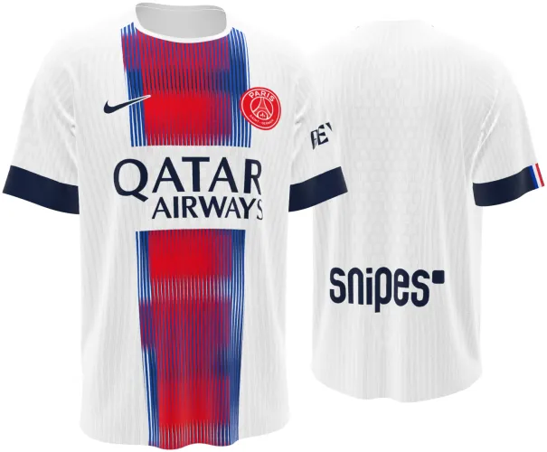 Camisa visitante do Paris Saint-Germain 2026 - 2027 branca com faixa central listrada, frente e costas