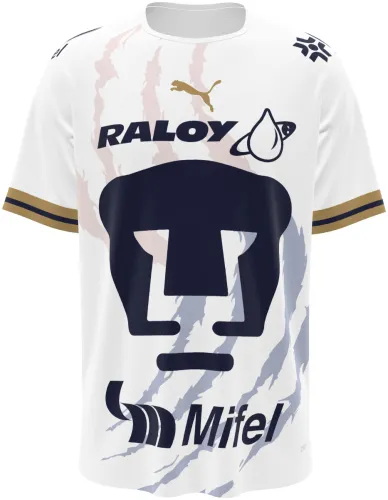 Camisa visitante do Pumas UNAM 2026 - 2027 branca com a cara do puma em azul, frente e costas