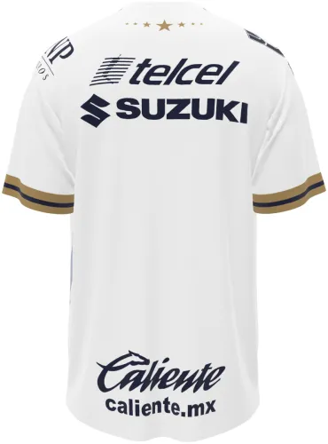 Camisa visitante do Pumas UNAM 2026 - 2027 branca com a cara do puma em azul, frente e costas
