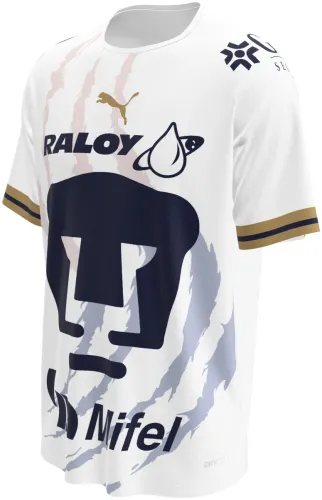 Camisa visitante do Pumas UNAM 2026 - 2027 branca com a cara do puma em azul, frente e costas