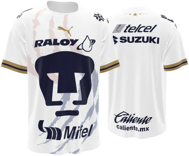 Camisa visitante do Pumas UNAM 2026 - 2027 branca com a cara do puma em azul, frente e costas