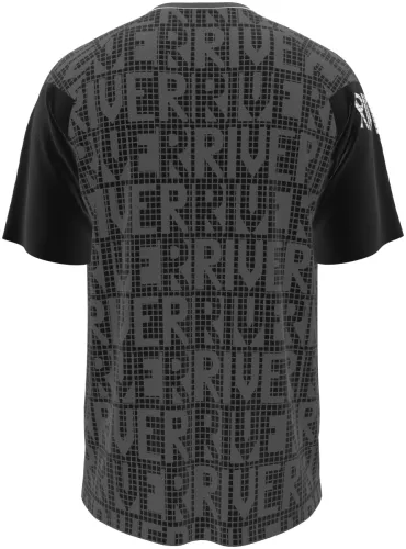 Camisa de pré-jogo do River Plate 2027 cinza com a palavra RIVER repetida, frente e costas