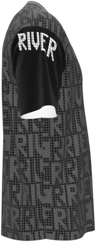 Camisa de pré-jogo do River Plate 2027 cinza com a palavra RIVER repetida, frente e costas