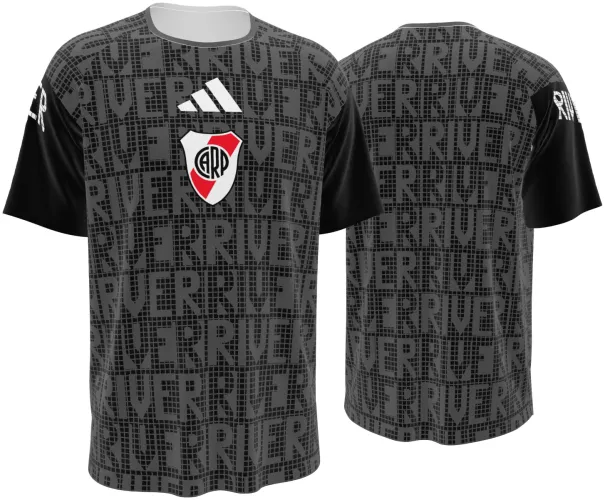 Camisa de pré-jogo do River Plate 2027 cinza com a palavra RIVER repetida, frente e costas