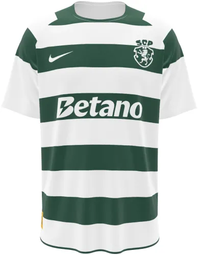 Camisa titular do Sporting CP 2026 - 2027 com faixas horizontais verdes e brancas, frente e costas