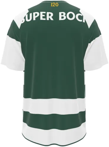 Camisa titular do Sporting CP 2026 - 2027 com faixas horizontais verdes e brancas, frente e costas