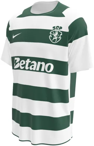 Camisa titular do Sporting CP 2026 - 2027 com faixas horizontais verdes e brancas, frente e costas