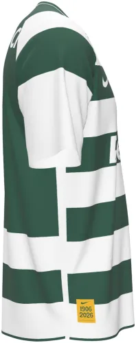Camisa titular do Sporting CP 2026 - 2027 com faixas horizontais verdes e brancas, frente e costas