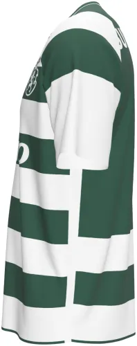 Camisa titular do Sporting CP 2026 - 2027 com faixas horizontais verdes e brancas, frente e costas