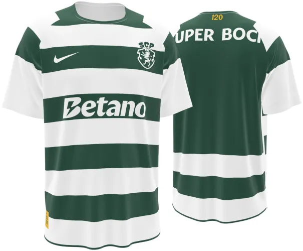 Camisa titular do Sporting CP 2026 - 2027 com faixas horizontais verdes e brancas, frente e costas