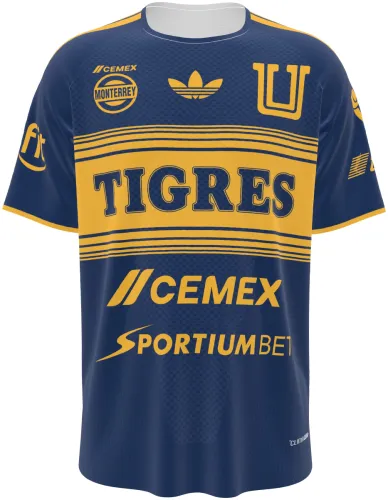 Camisa visitante do Tigres UANL 2026 - 2027 azul-marinho com bloco dourado no peito, frente e costas