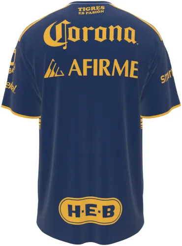Camisa visitante do Tigres UANL 2026 - 2027 azul-marinho com bloco dourado no peito, frente e costas