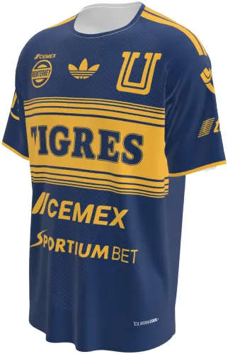 Camisa visitante do Tigres UANL 2026 - 2027 azul-marinho com bloco dourado no peito, frente e costas