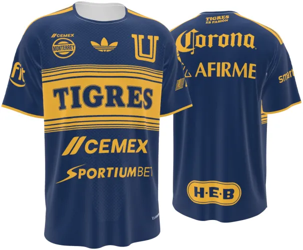 Camisa visitante do Tigres UANL 2026 - 2027 azul-marinho com bloco dourado no peito, frente e costas